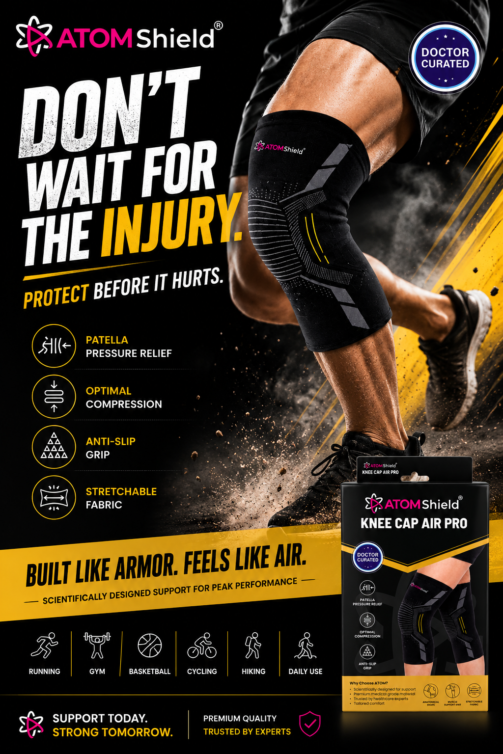 ATOM Shield Knee Cap Air Pro | Knee Support for Pain Relief, Compression & Joint Stability | Breathable Stretch Fabric | Anti-Slip Grip | 1 Pair
