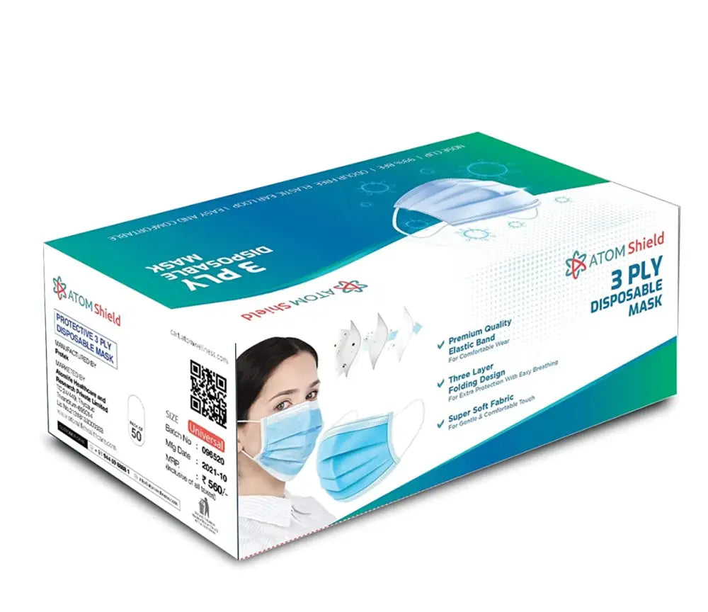 Atom Wellness Shield 50 3 Ply Mask In Self Dispenser Box For Home And Office Use Unisex Adults 5 Box