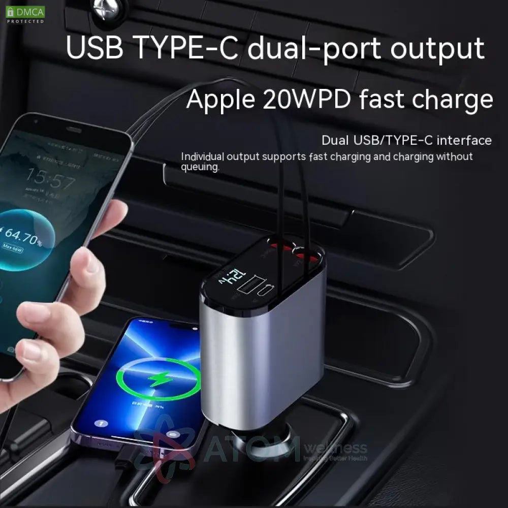 100W Super Fast Charging Metal Car Charger With Usb And Type - C Adapter - 1 - Year Warranty!