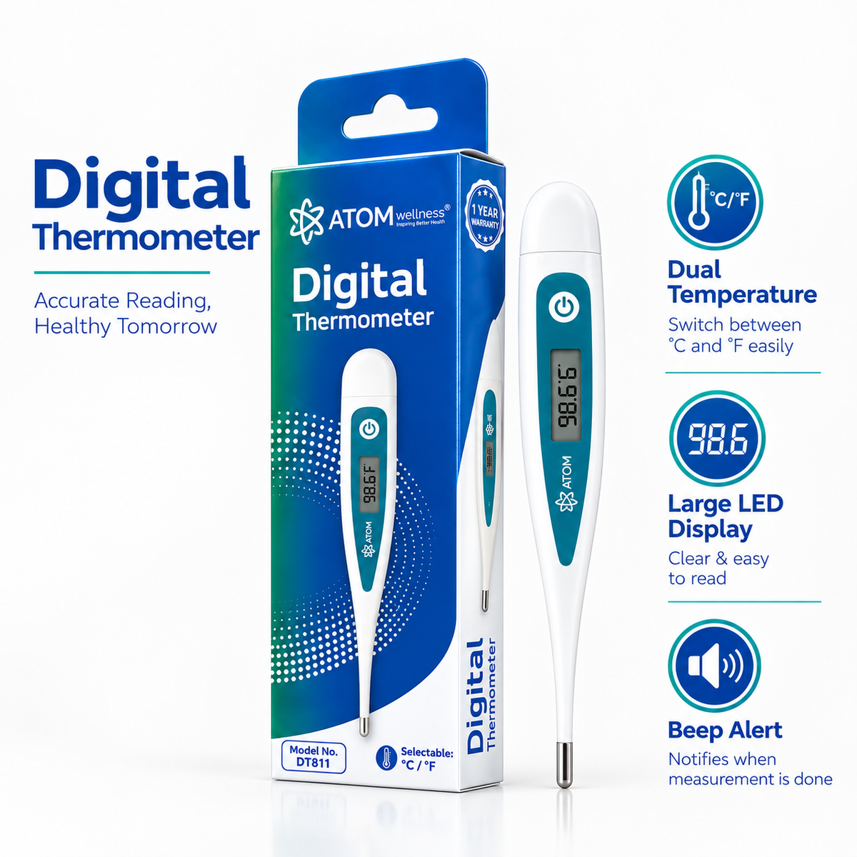 Atom Wellness Digital Thermometer for Fever, Highly Accurate Clinical Thermometer with LCD Display, Fast 60-Second Reading, Selectable °C/°F, Waterproof Flexible Tip for Oral Underarm Rectal Use, Model DT811 – 1 Year Warranty