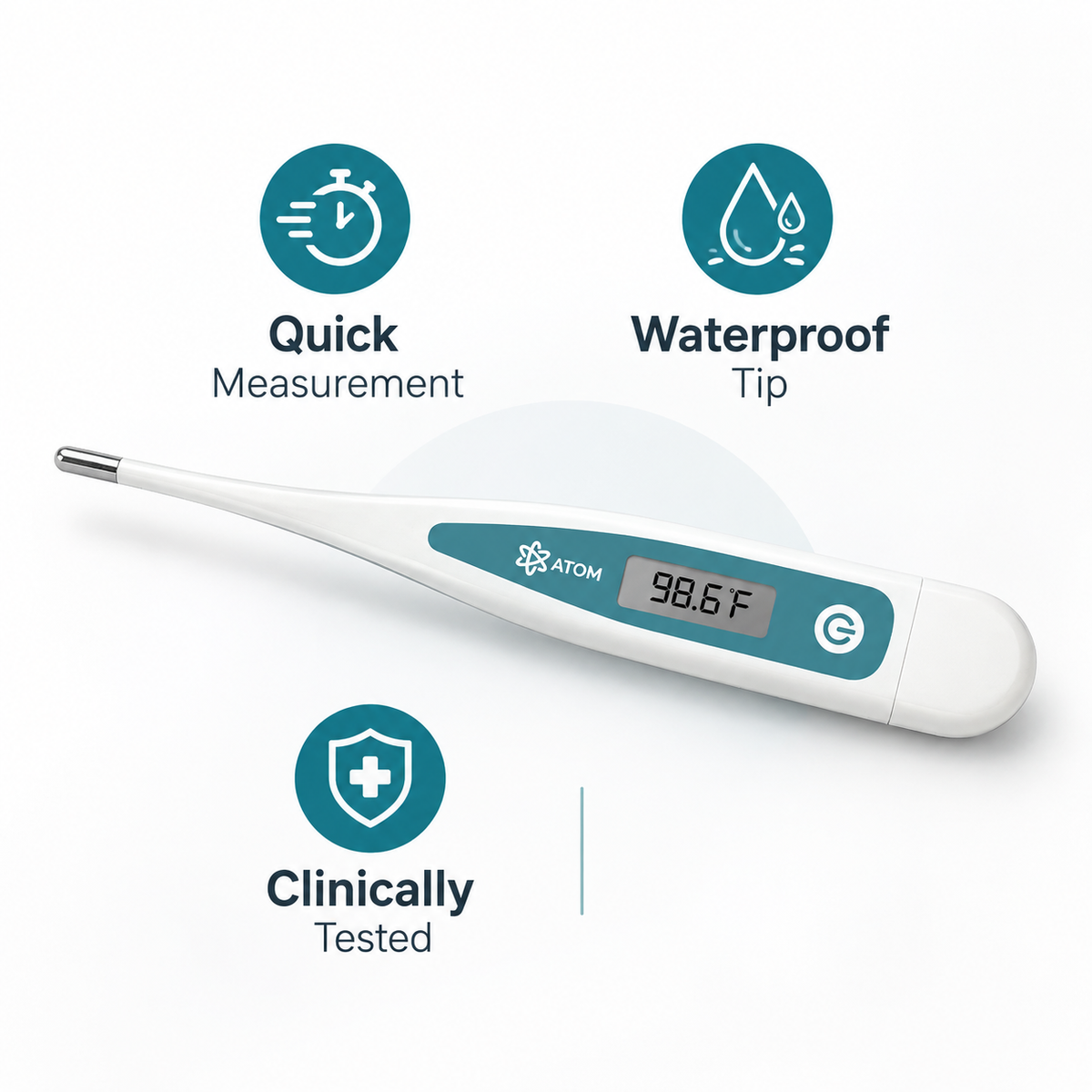 Atom Wellness Digital Thermometer for Fever, Highly Accurate Clinical Thermometer with LCD Display, Fast 60-Second Reading, Selectable °C/°F, Waterproof Flexible Tip for Oral Underarm Rectal Use, Model DT811 – 1 Year Warranty