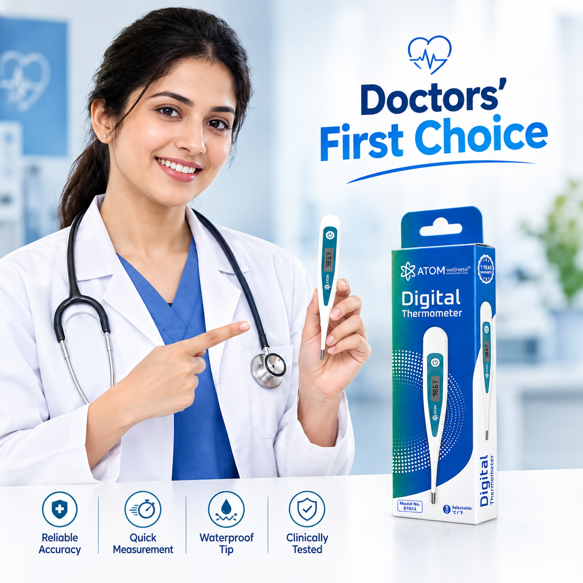 Atom Wellness Digital Thermometer for Fever, Highly Accurate Clinical Thermometer with LCD Display, Fast 60-Second Reading, Selectable °C/°F, Waterproof Flexible Tip for Oral Underarm Rectal Use, Model DT811 – 1 Year Warranty