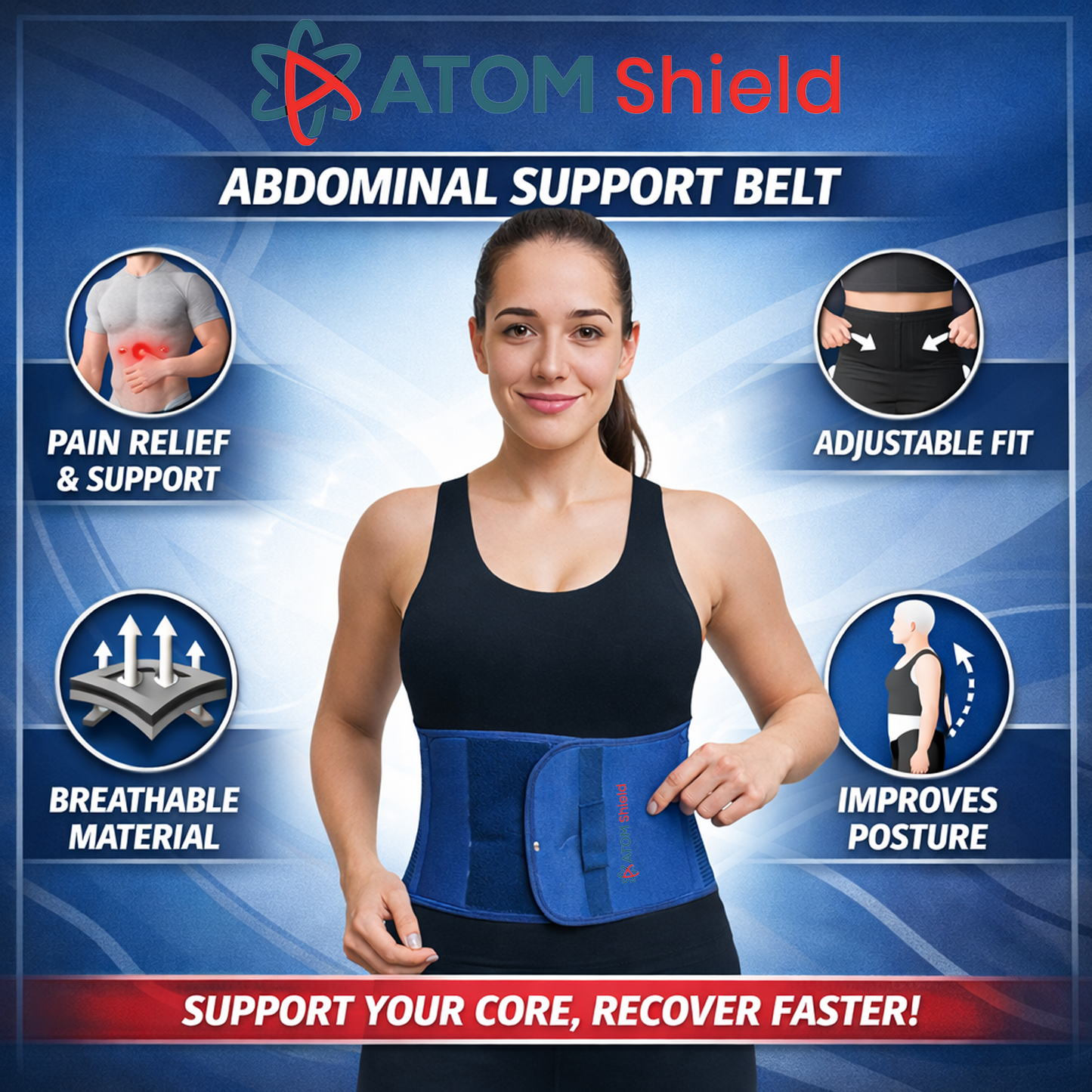 ATOM Shield Abdominal Support Belt for Men & Women | Post Surgery & Postpartum Belly Binder | Hernia & Back Support Compression Belt | Breathable Elastic Waist Support