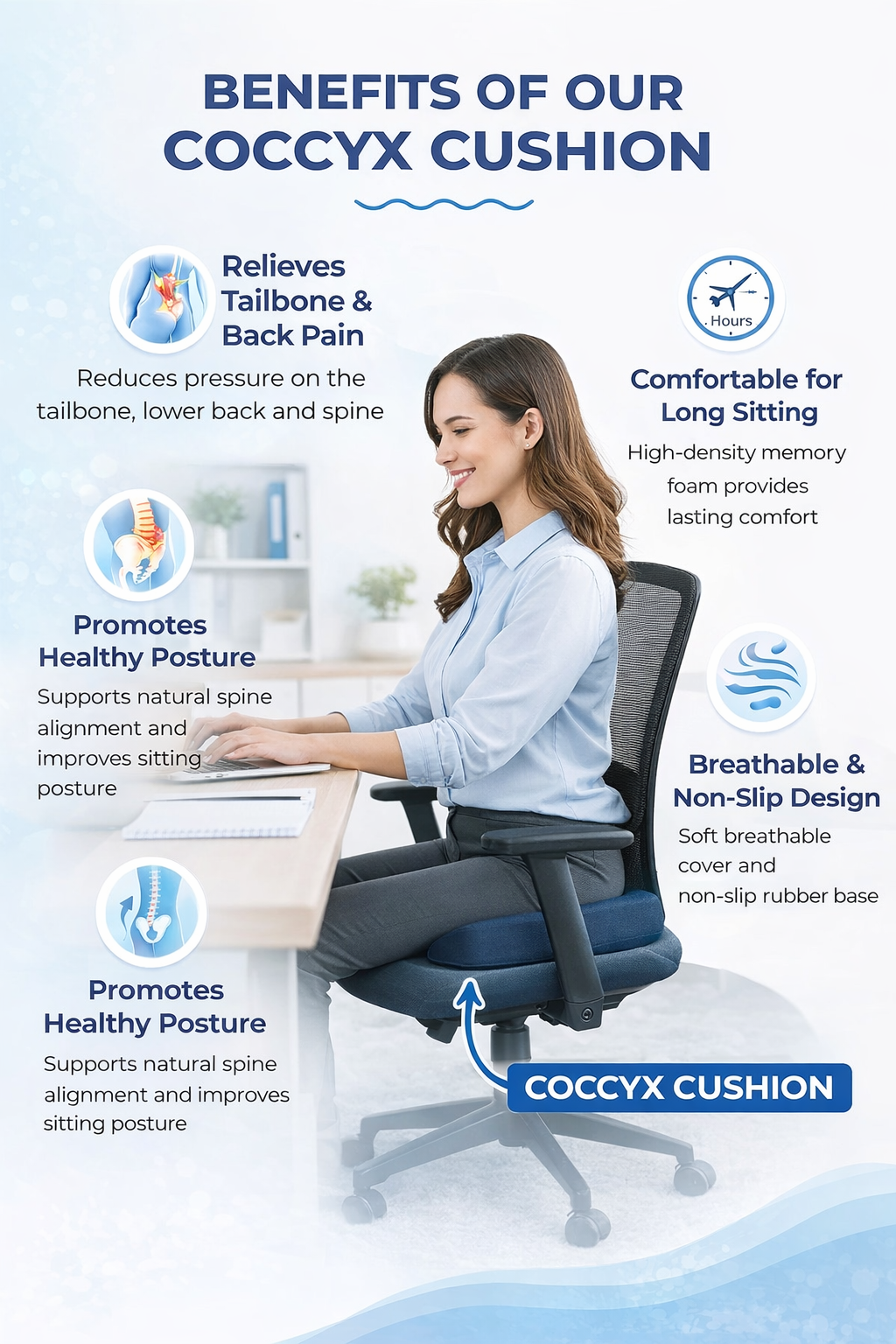 Orthopedic Coccyx Cushion Memory Foam Seat Cushion for Tailbone Pain Relief, Sciatica & Lower Back Support for Office Chair, Car Seat & Wheelchair