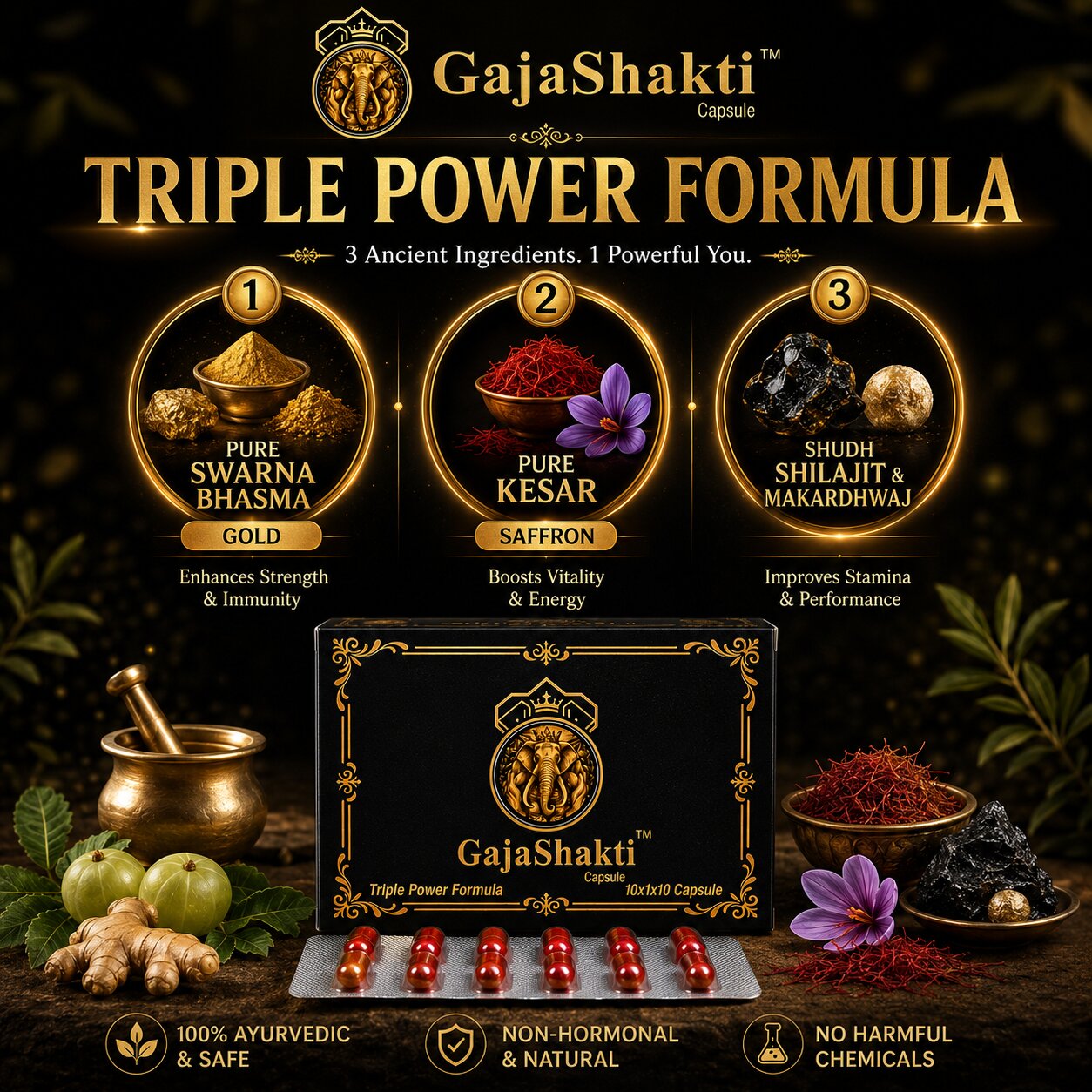 GajaShakti Gold Capsules for Men Ayurvedic Stamina Booster, Strength & Daily Energy Power Capsule | With Pure Himalayan Shilajit, Swarna Bhasma, Kesar & Makardhwaj
