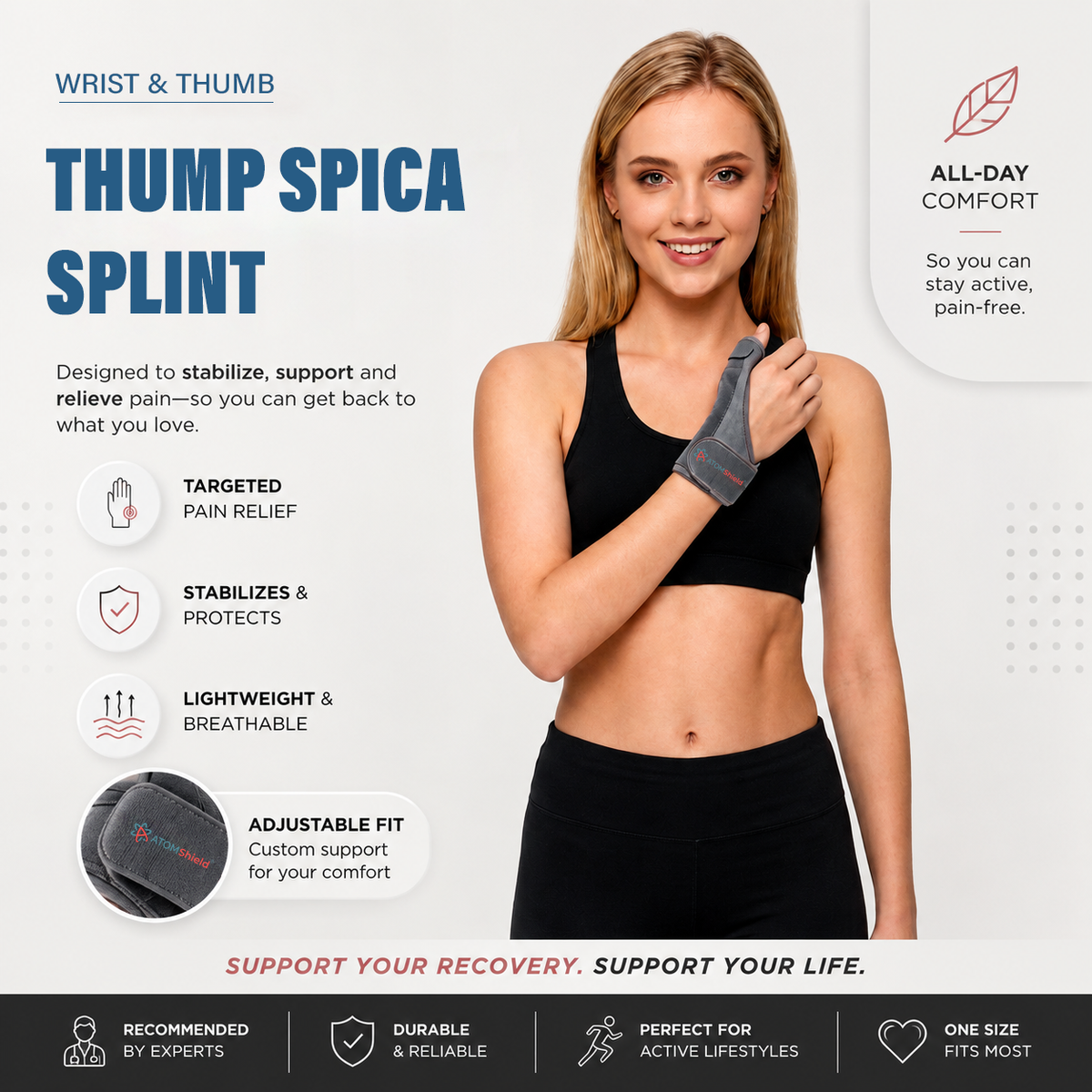 ATOM Shield Thumb Spica Splint for Men & Women | Thumb & Wrist Support Brace with Rigid Thumb Immobilization, Adjustable Straps, Secure Fit & Ergonomic Design