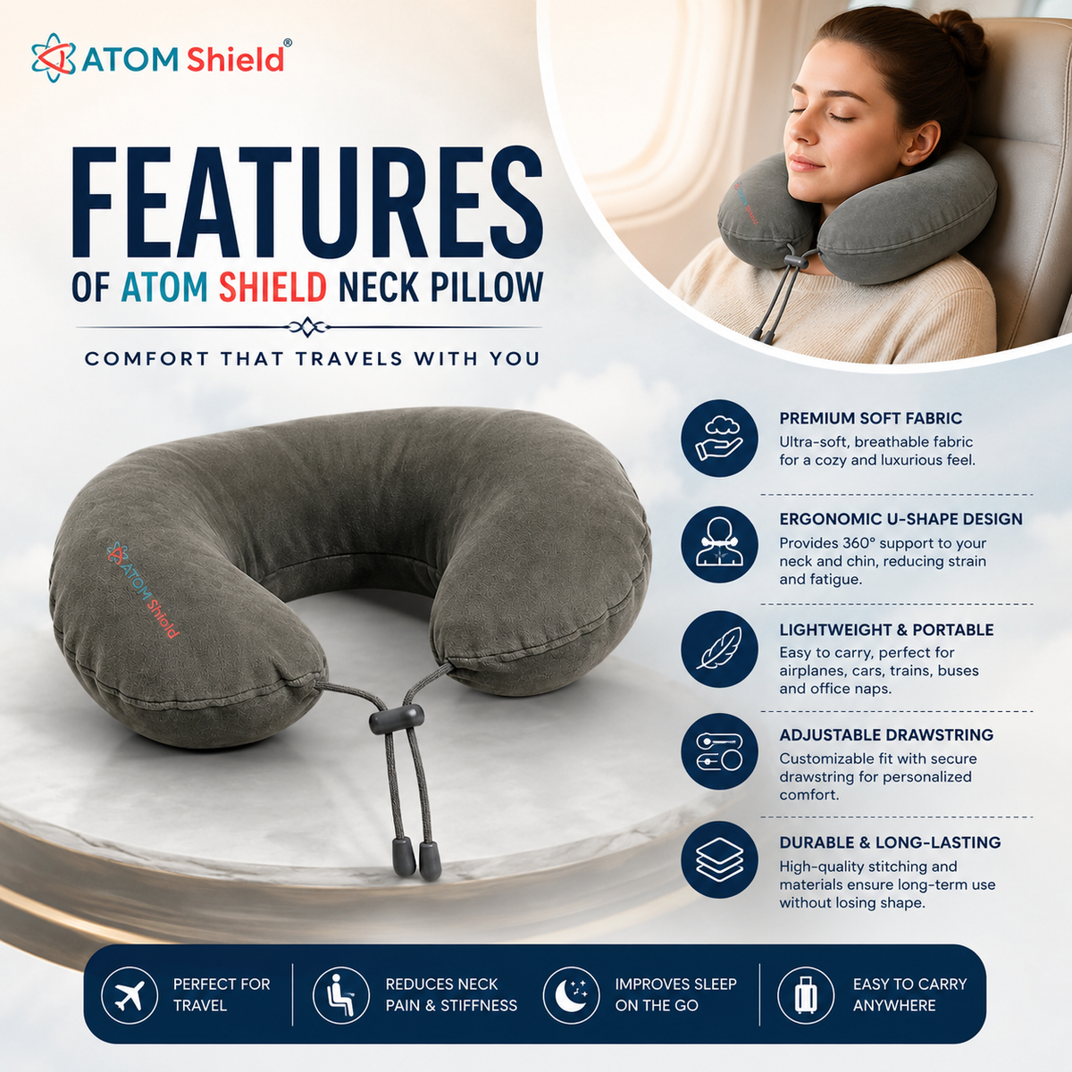 ATOM Shield Memory Foam Travel Neck Pillow with Recron Fibre for Airplane, Car, Train & Bus, U Shape Neck Pillow with 360° Neck Support, Washable Velvet Cover, Grey for Men & Women