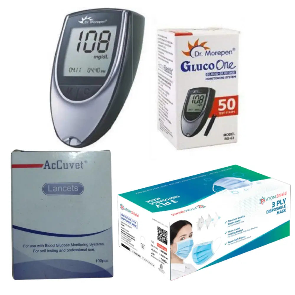 Dr.morepen Glucometer With 200 Strips Accuvet Lancets 1 Box Of Atom Shield 50S 3 Ply Surgical Face