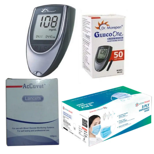 Dr Morepen Glucometer With 200 Strips Accuvet Lancets Lifetime Warranty Box Of Atom Shield 50S 3 Ply