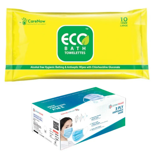 Ecobath Large Bed Bath Wipes Pack Of 10 X 6 With 1 Box Atom Shield 3 Ply Masks 50S In Self