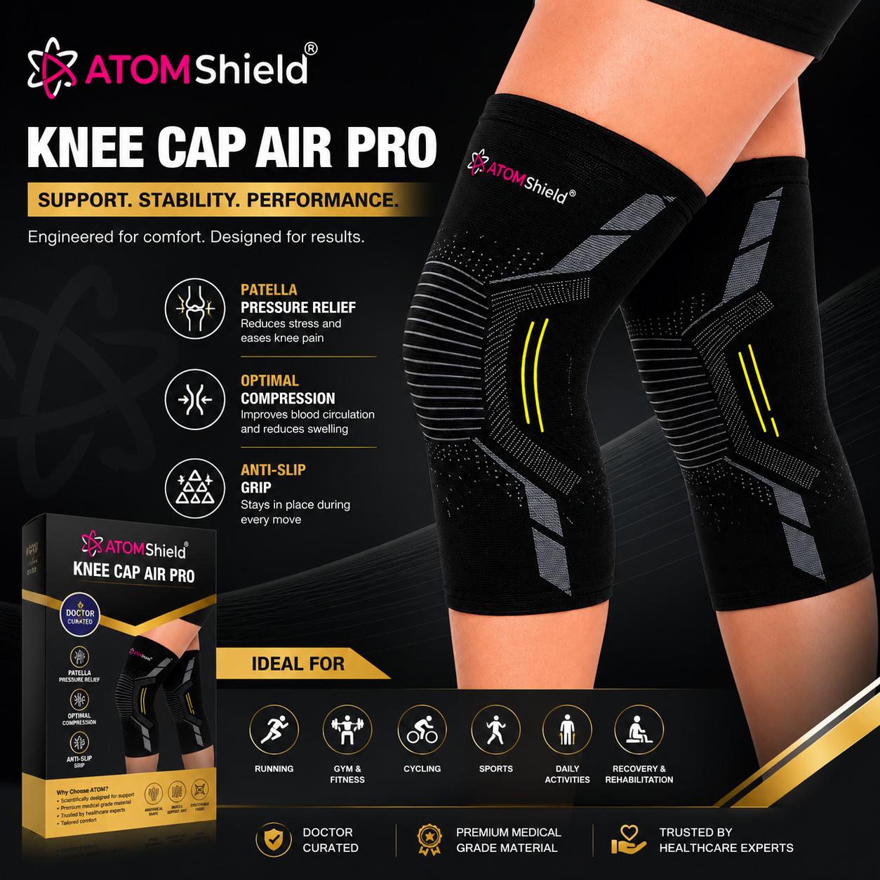 ATOM Shield Knee Cap Air Pro | Knee Support for Pain Relief, Compression & Joint Stability | Breathable Stretch Fabric | Anti-Slip Grip | 1 Pair