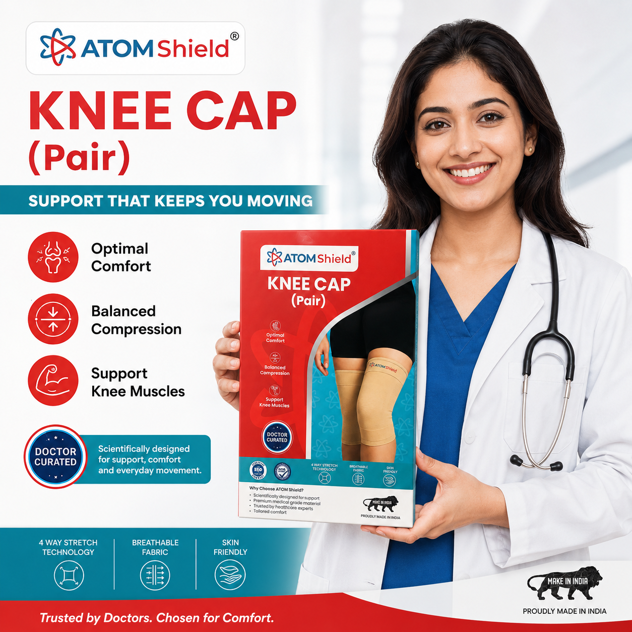 ATOM Shield Premium Knee Cap (Pair) - India’s 1st Doctor Curated Ortho Wear | 4-Way Stretch Breathable Fabric for Knee Pain Relief, Meniscus Tear, Arthritis & Sports Support | Skin-Friendly Medical Grade Material