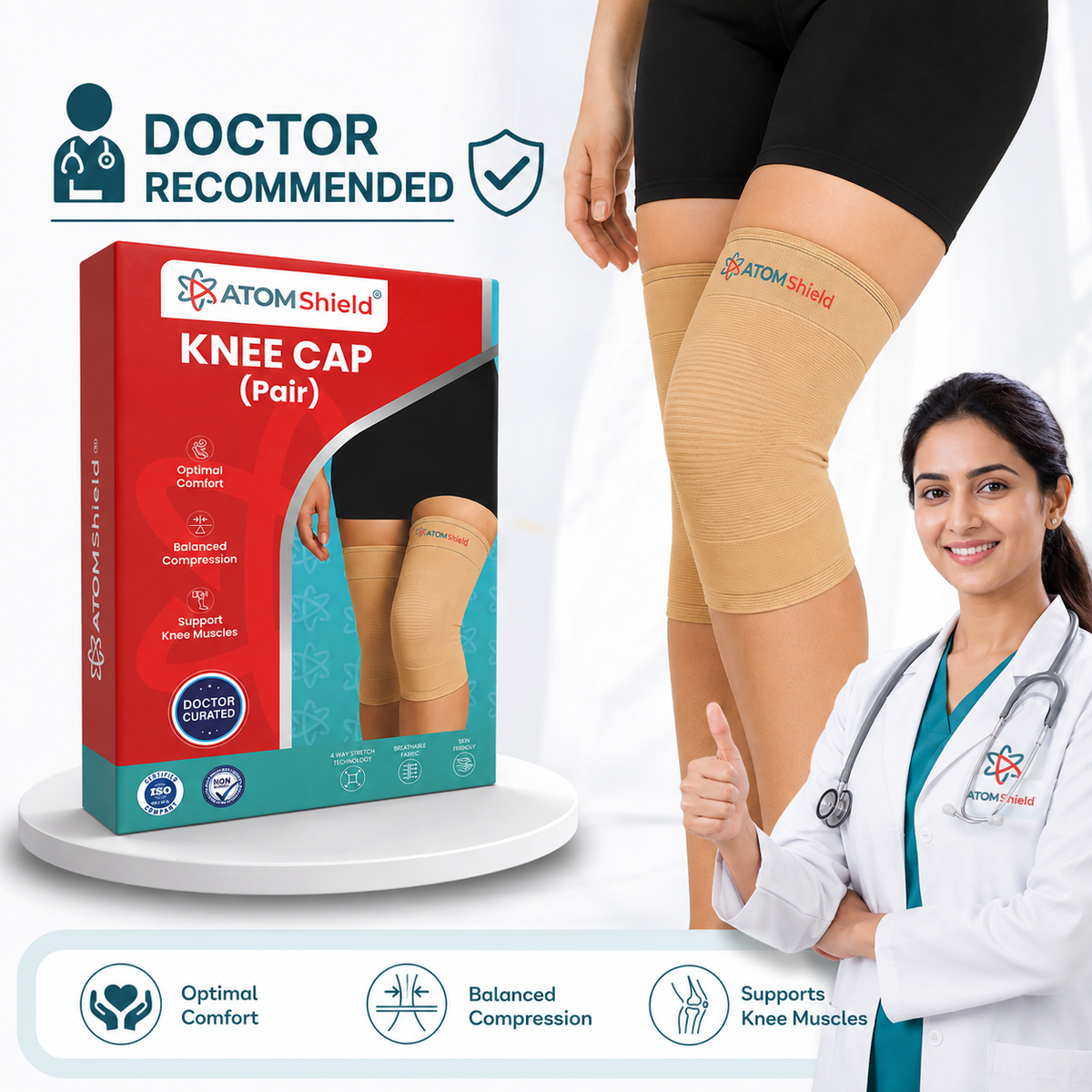 ATOM Shield Premium Knee Cap (Pair) - India’s 1st Doctor Curated Ortho Wear | 4-Way Stretch Breathable Fabric for Knee Pain Relief, Meniscus Tear, Arthritis & Sports Support | Skin-Friendly Medical Grade Material