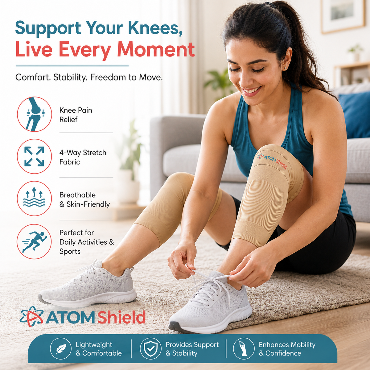 ATOM Shield Premium Knee Cap (Pair) - India’s 1st Doctor Curated Ortho Wear | 4-Way Stretch Breathable Fabric for Knee Pain Relief, Meniscus Tear, Arthritis & Sports Support | Skin-Friendly Medical Grade Material