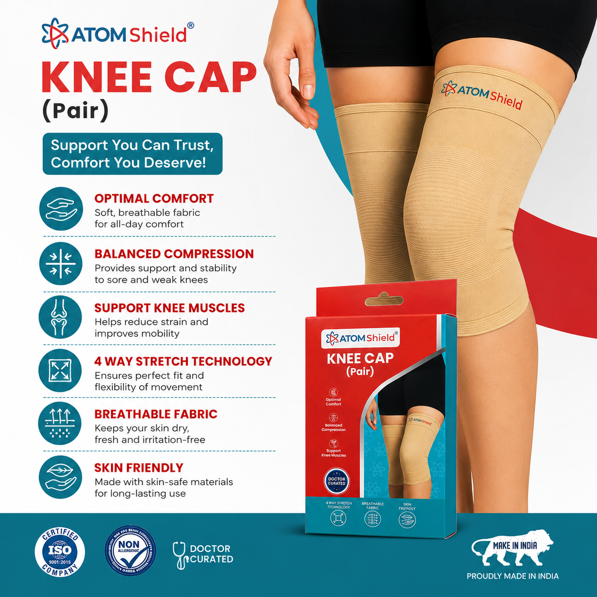 ATOM Shield Premium Knee Cap (Pair) - India’s 1st Doctor Curated Ortho Wear | 4-Way Stretch Breathable Fabric for Knee Pain Relief, Meniscus Tear, Arthritis & Sports Support | Skin-Friendly Medical Grade Material