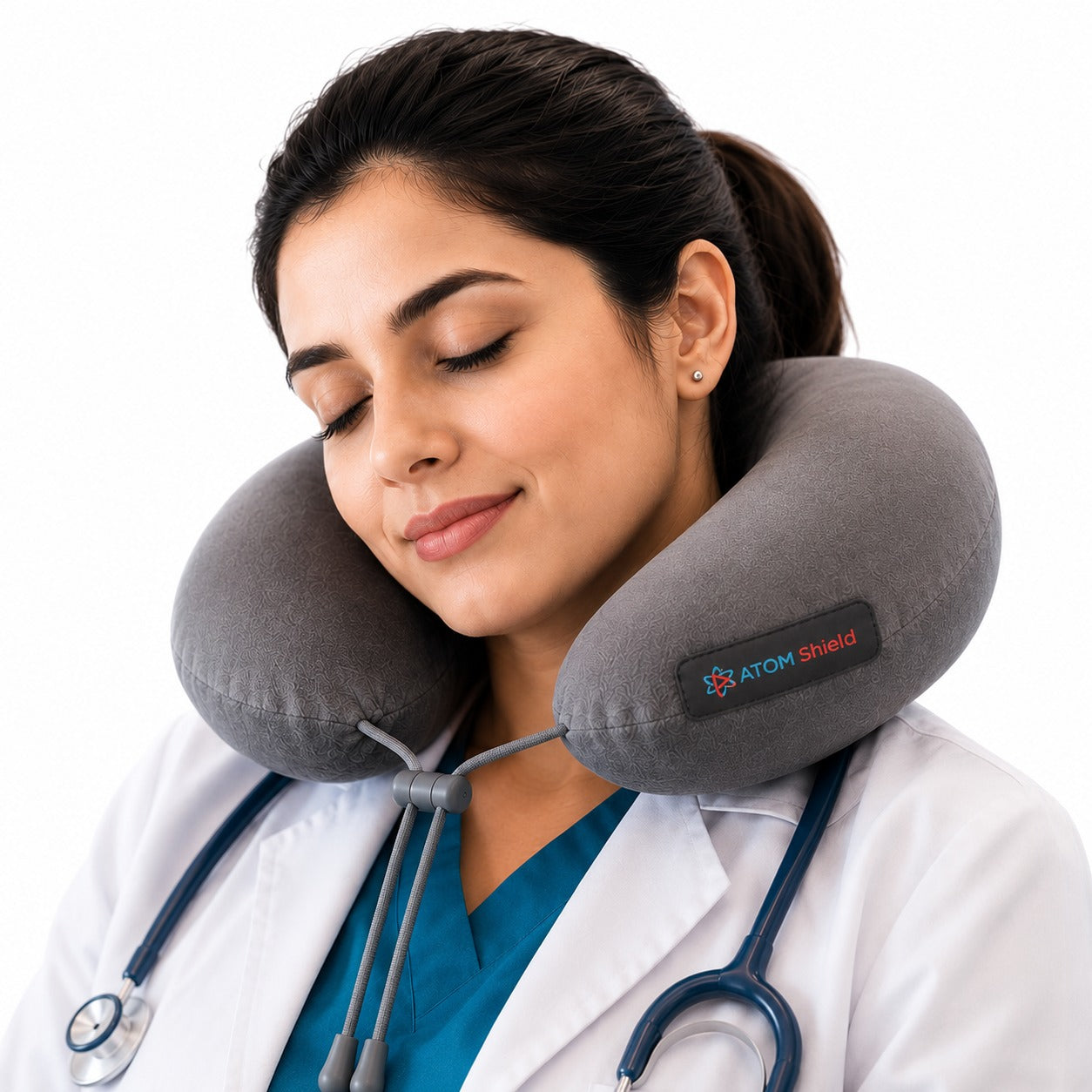 ATOM Shield Memory Foam Travel Neck Pillow with Recron Fibre for Airplane, Car, Train & Bus, U Shape Neck Pillow with 360° Neck Support, Washable Velvet Cover, Grey for Men & Women