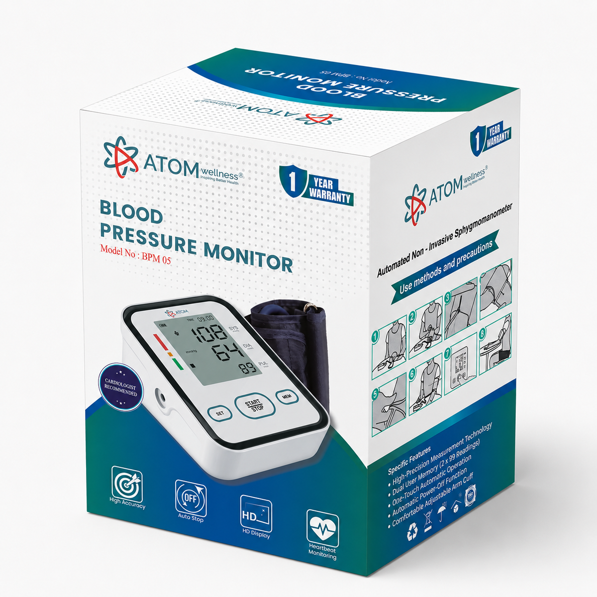 ATOM Wellness BPM 05 Fully Automatic Digital Blood Pressure Monitor | Upper Arm BP Machine with 32-Bit Gold Intelligent Chip, Large Display, Heartbeat Monitoring, 99 Memory, WHO Indicator, Dual Power Mode & 1-Year Warranty