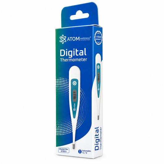 Atom Wellness Digital Thermometer for Fever, Highly Accurate Clinical Thermometer with LCD Display, Fast 60-Second Reading, Selectable °C/°F, Waterproof Flexible Tip for Oral Underarm Rectal Use, Model DT811 – 1 Year Warranty
