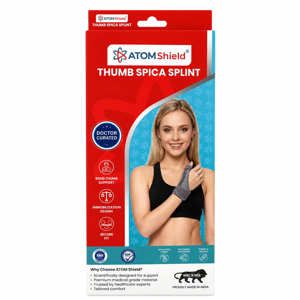 ATOM Shield Thumb Spica Splint for Men & Women | Thumb & Wrist Support Brace with Rigid Thumb Immobilization, Adjustable Straps, Secure Fit & Ergonomic Design