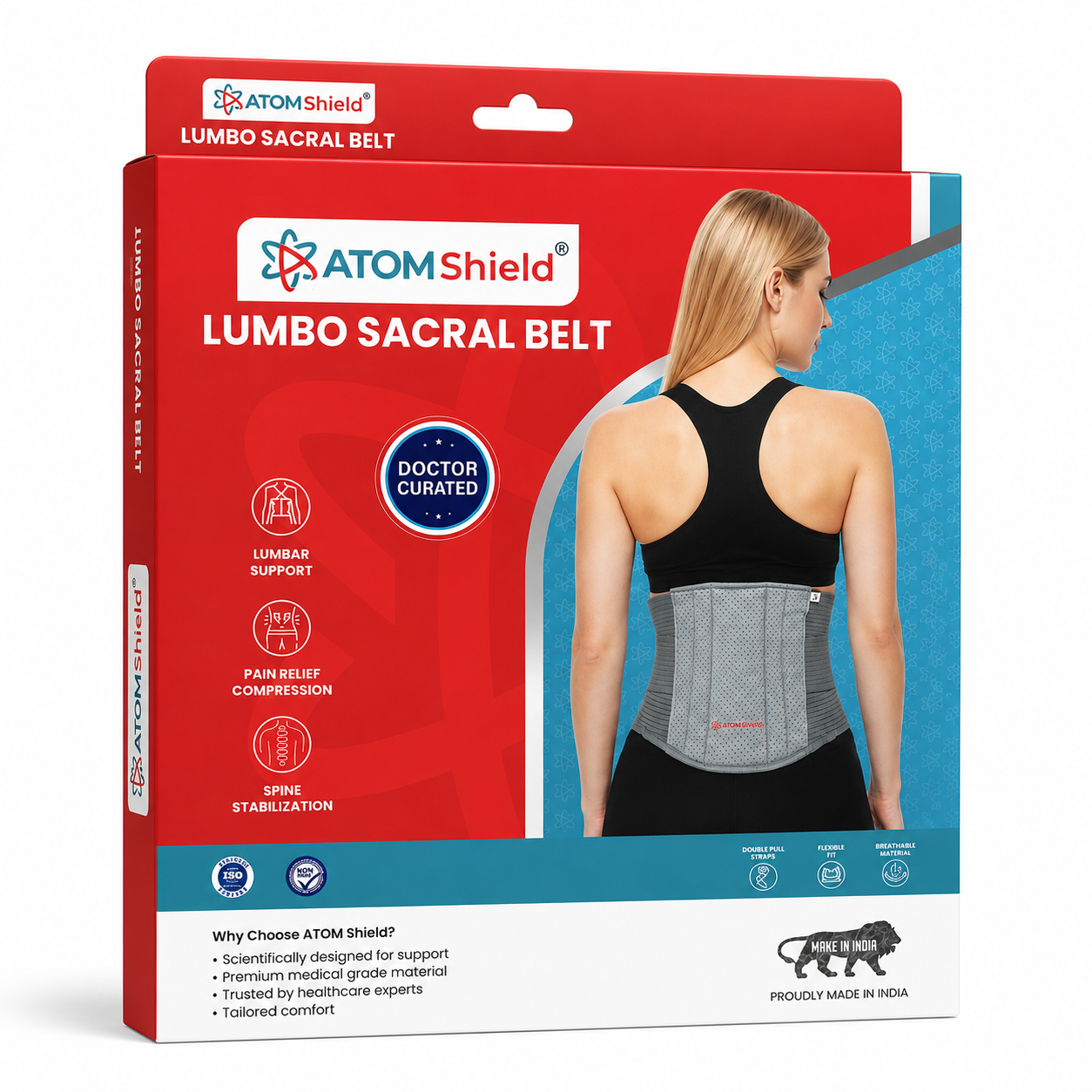 ATOM Shield Lumbo Sacral Belt for Men & Women | Adjustable Lumbar & Lower Back Support Belt | Contoured Back Support for Daily Use