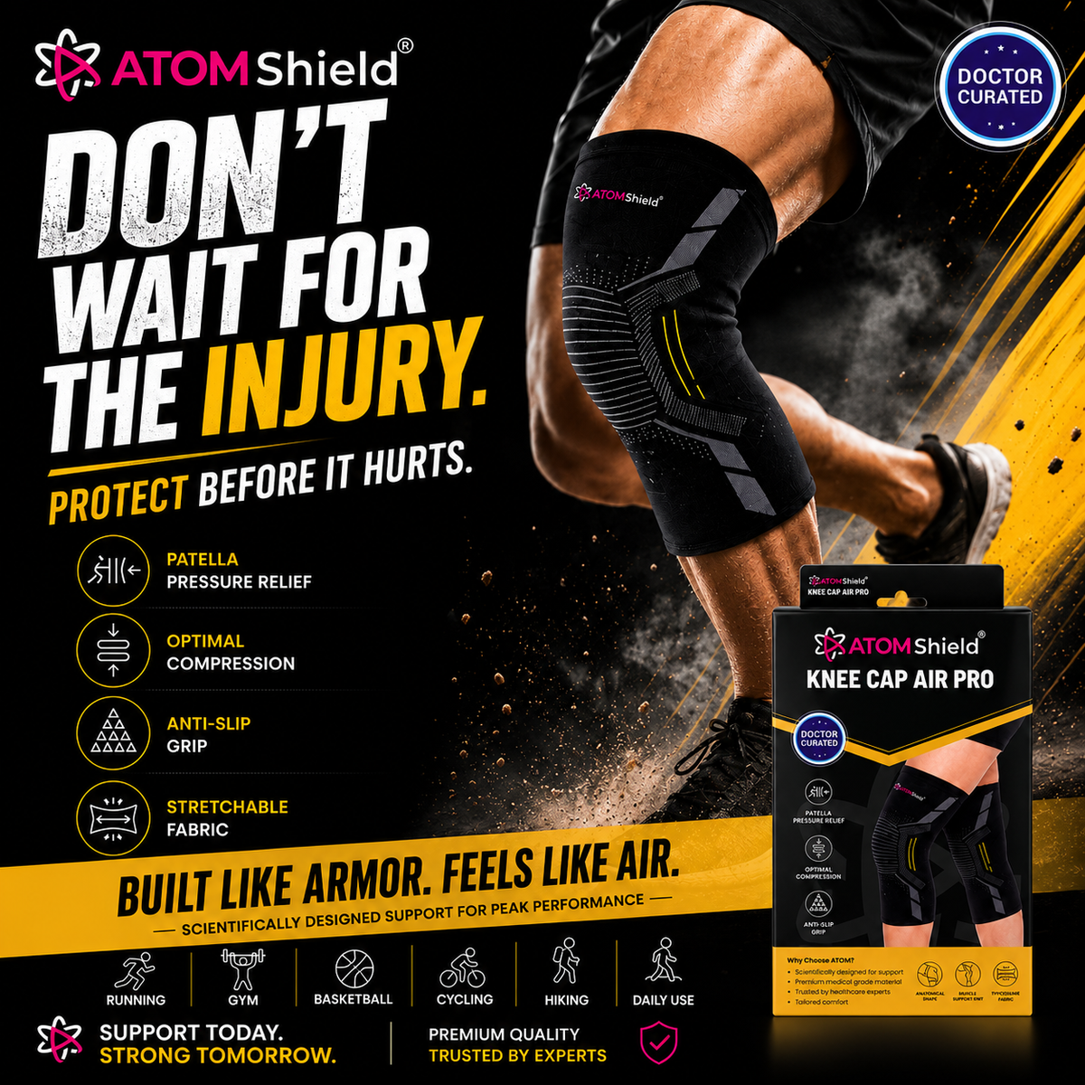 ATOM Shield Knee Cap Air Pro | Knee Support for Pain Relief, Compression & Joint Stability | Breathable Stretch Fabric | Anti-Slip Grip | 1 Pair