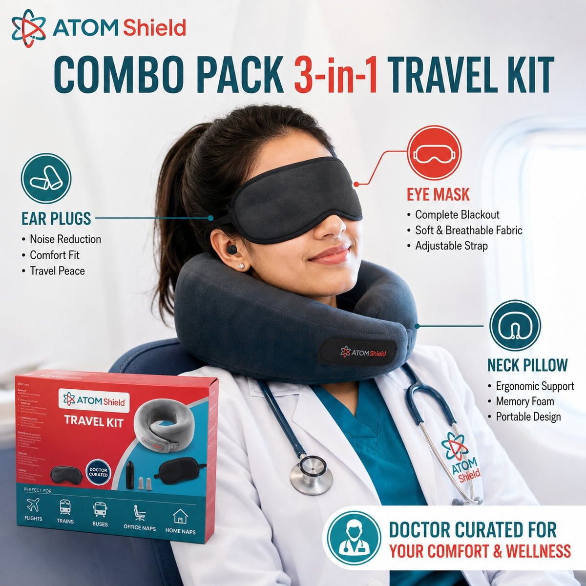 Premium Travel Kit for Sleeping - Ergonomic Travel Kit with 360° Support Neck Pillow, Soft Contoured Eye Mask & Ear Plugs - Complete Travel Kit Sleep Set for Men & Women - Compact Travel Essentials