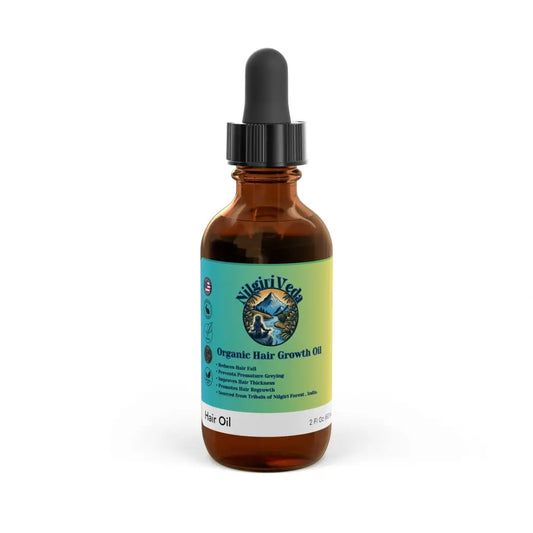 Nilgiriveda Organic Vegan Tribal Hair Growth Oil 2Oz / Amber Glass Bottle + Black Dropper