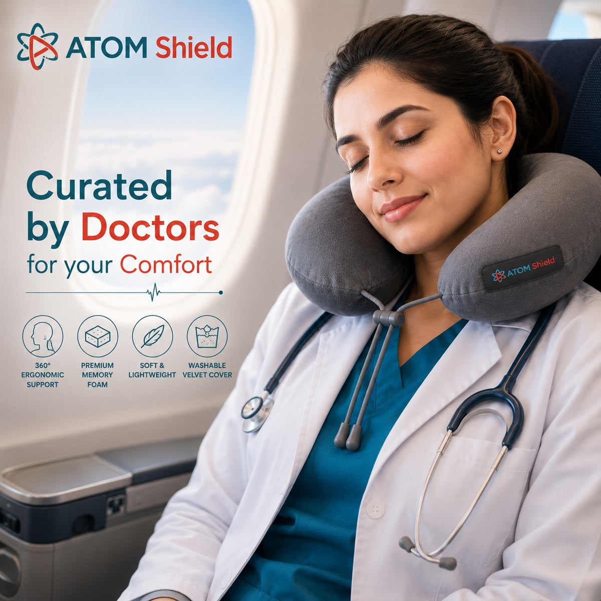 ATOM Shield Memory Foam Travel Neck Pillow with Recron Fibre for Airplane, Car, Train & Bus, U Shape Neck Pillow with 360° Neck Support, Washable Velvet Cover, Grey for Men & Women