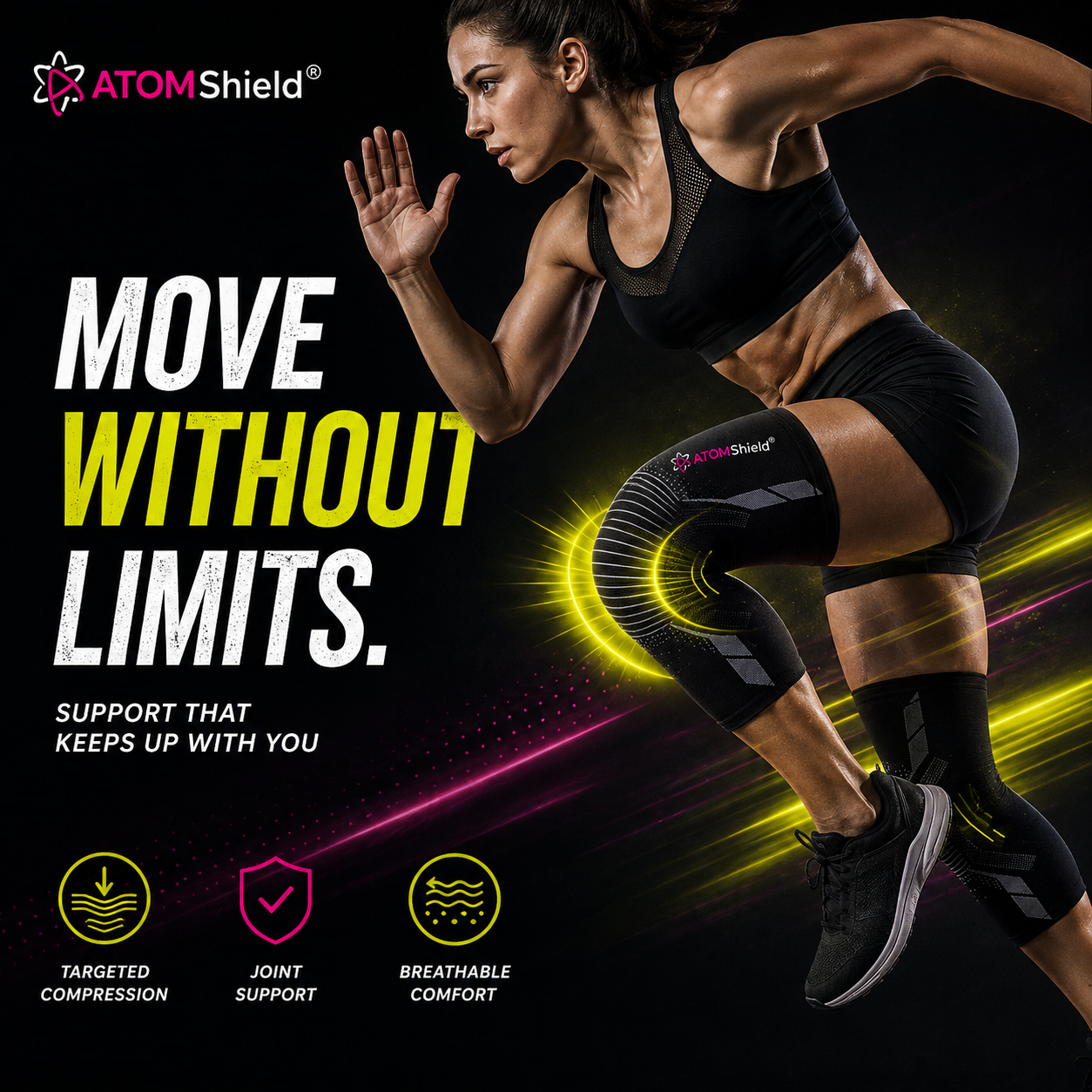 ATOM Shield Knee Cap Air Pro | Knee Support for Pain Relief, Compression & Joint Stability | Breathable Stretch Fabric | Anti-Slip Grip | 1 Pair