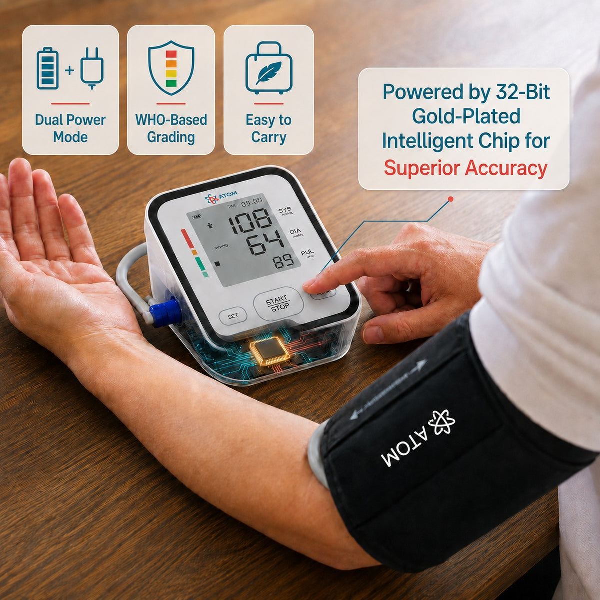 ATOM Wellness BPM 05 Fully Automatic Digital Blood Pressure Monitor | Upper Arm BP Machine with 32-Bit Gold Intelligent Chip, Large Display, Heartbeat Monitoring, 99 Memory, WHO Indicator, Dual Power Mode & 1-Year Warranty