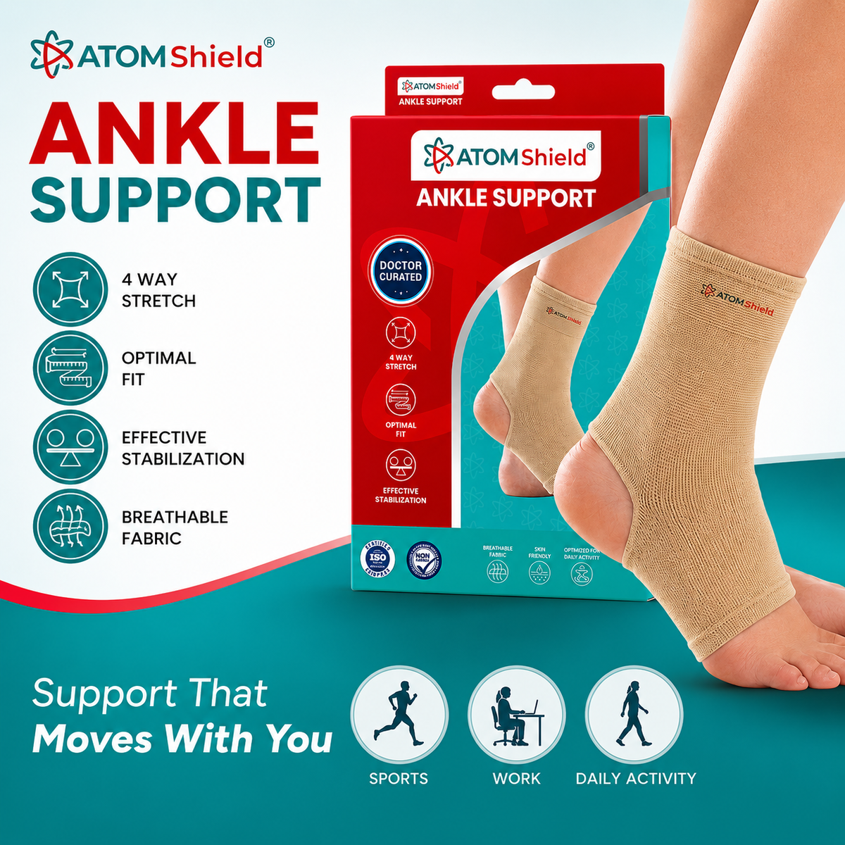 ATOM Shield Ankle Support for Men & Women | Ankle Brace for Support & Stabilization | 4-Way Stretch Compression Ankle Sleeve | Breathable, Skin-Friendly & Comfortable for Daily Activities