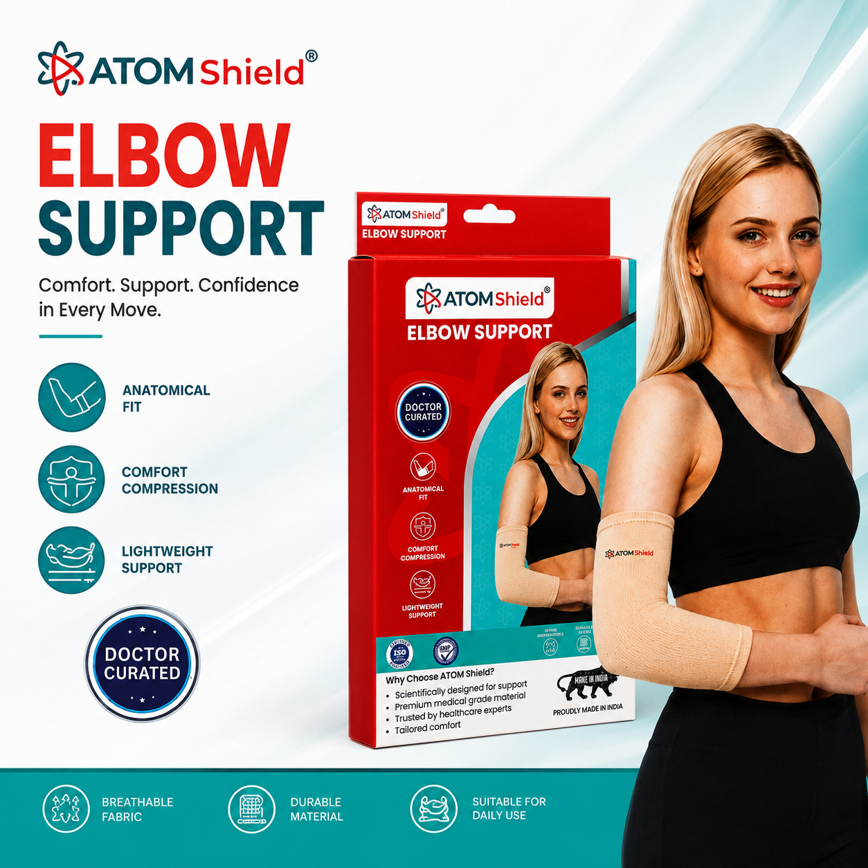 ATOM Shield Elbow Support for Men & Women | Compression Elbow Brace for Tennis Elbow, Joint Pain & Sports Support | Anatomical Fit, Lightweight & Comfortable Elbow Sleeve
