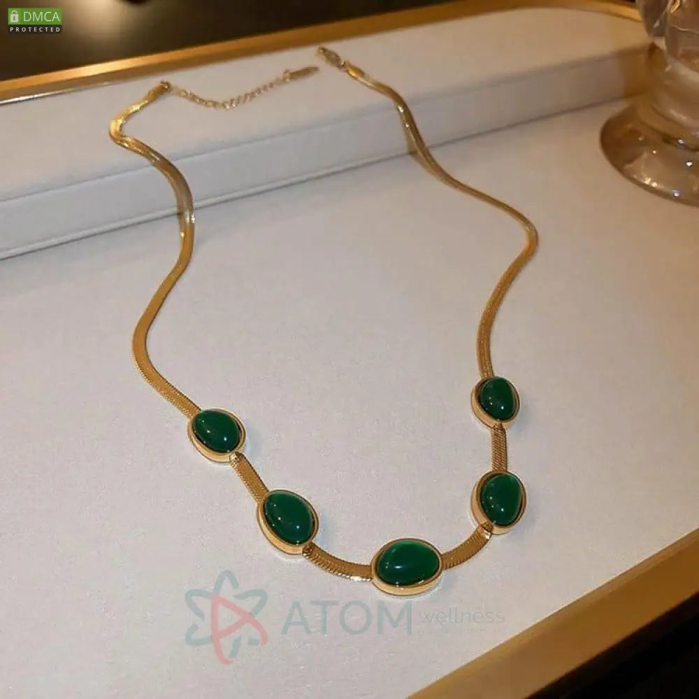 Stunning Green Crystal & Gold Plated Necklace Bracelet Set | Stainless Steel Casual Wear Jewelry for Her