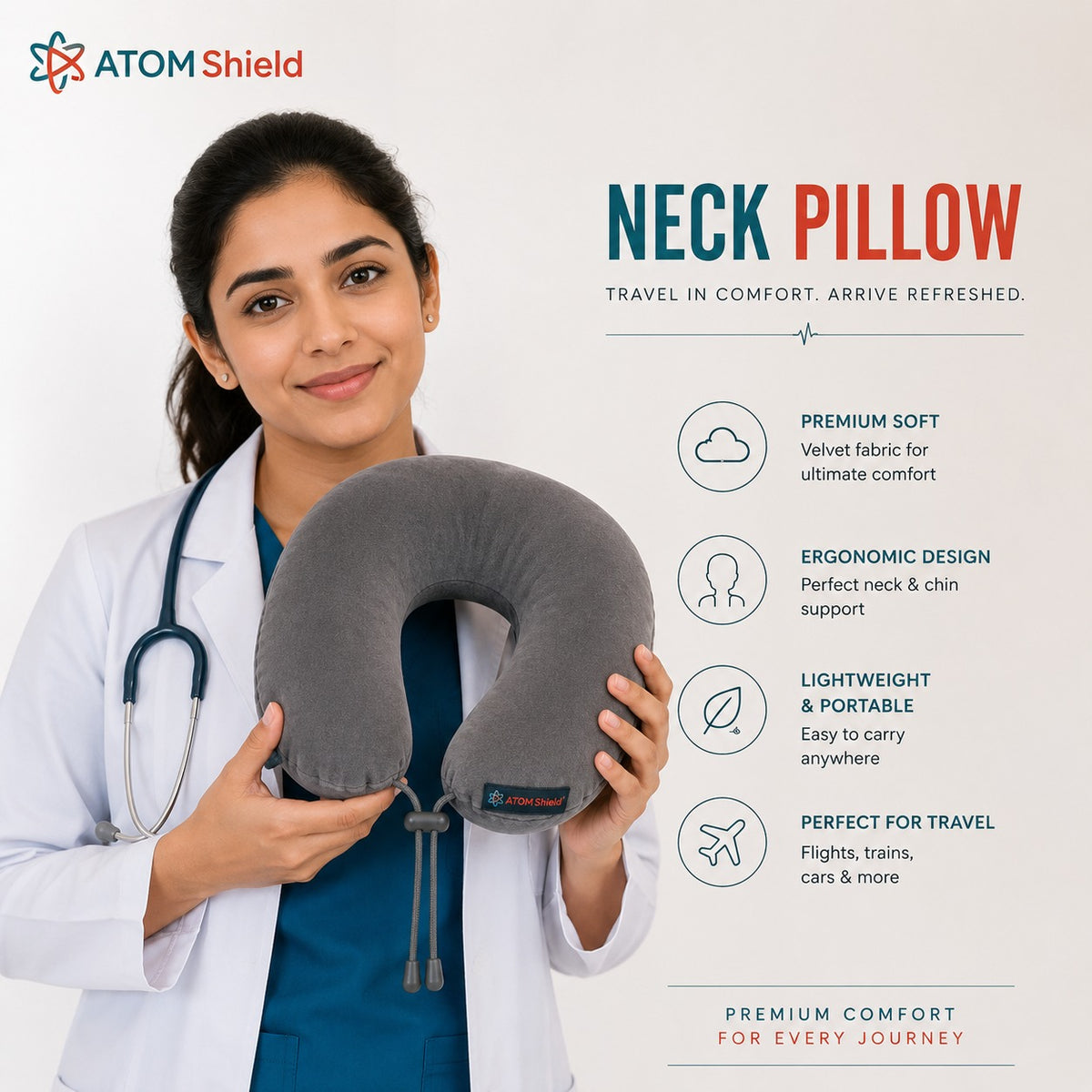 ATOM Shield Memory Foam Travel Neck Pillow with Recron Fibre for Airplane, Car, Train & Bus, U Shape Neck Pillow with 360° Neck Support, Washable Velvet Cover, Grey for Men & Women