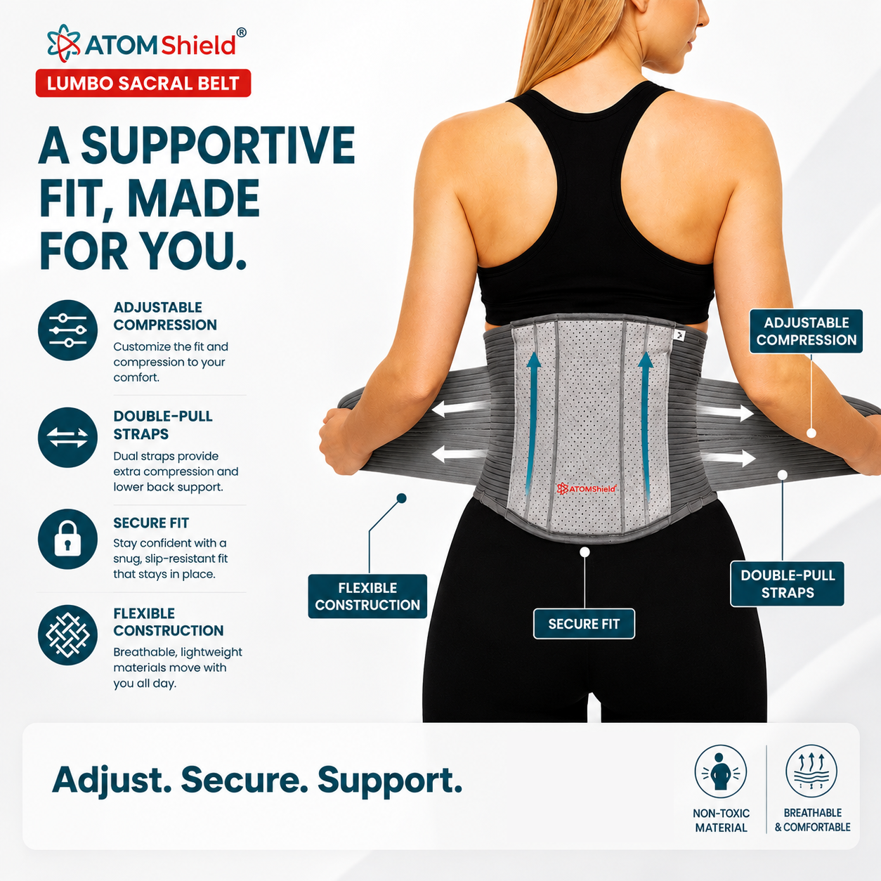 ATOM Shield Lumbo Sacral Belt for Men & Women | Adjustable Lumbar & Lower Back Support Belt | Contoured Back Support for Daily Use
