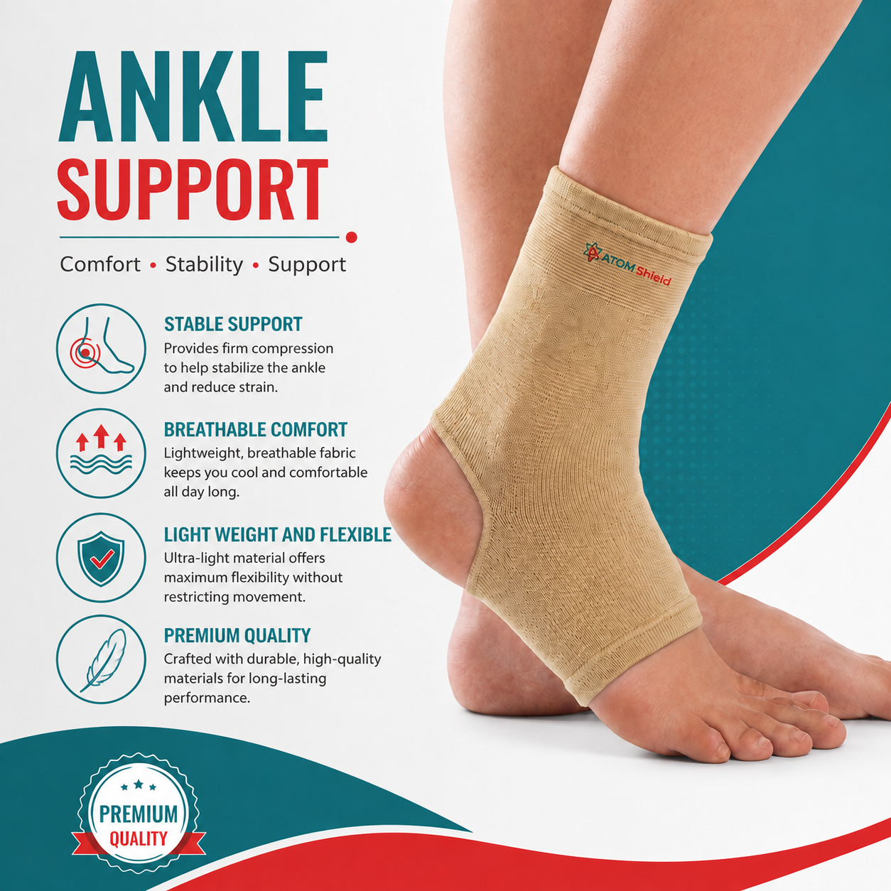 ATOM Shield Ankle Support for Men & Women | Ankle Brace for Support & Stabilization | 4-Way Stretch Compression Ankle Sleeve | Breathable, Skin-Friendly & Comfortable for Daily Activities