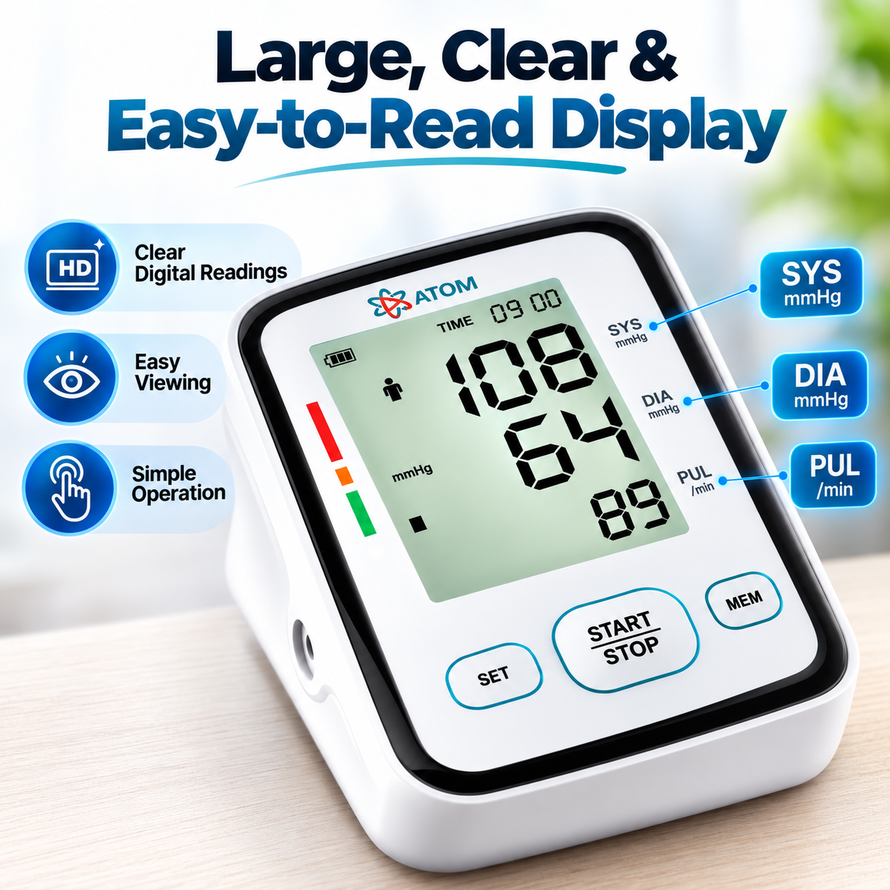 ATOM Wellness BPM 05 Fully Automatic Digital Blood Pressure Monitor | Upper Arm BP Machine with 32-Bit Gold Intelligent Chip, Large Display, Heartbeat Monitoring, 99 Memory, WHO Indicator, Dual Power Mode & 1-Year Warranty