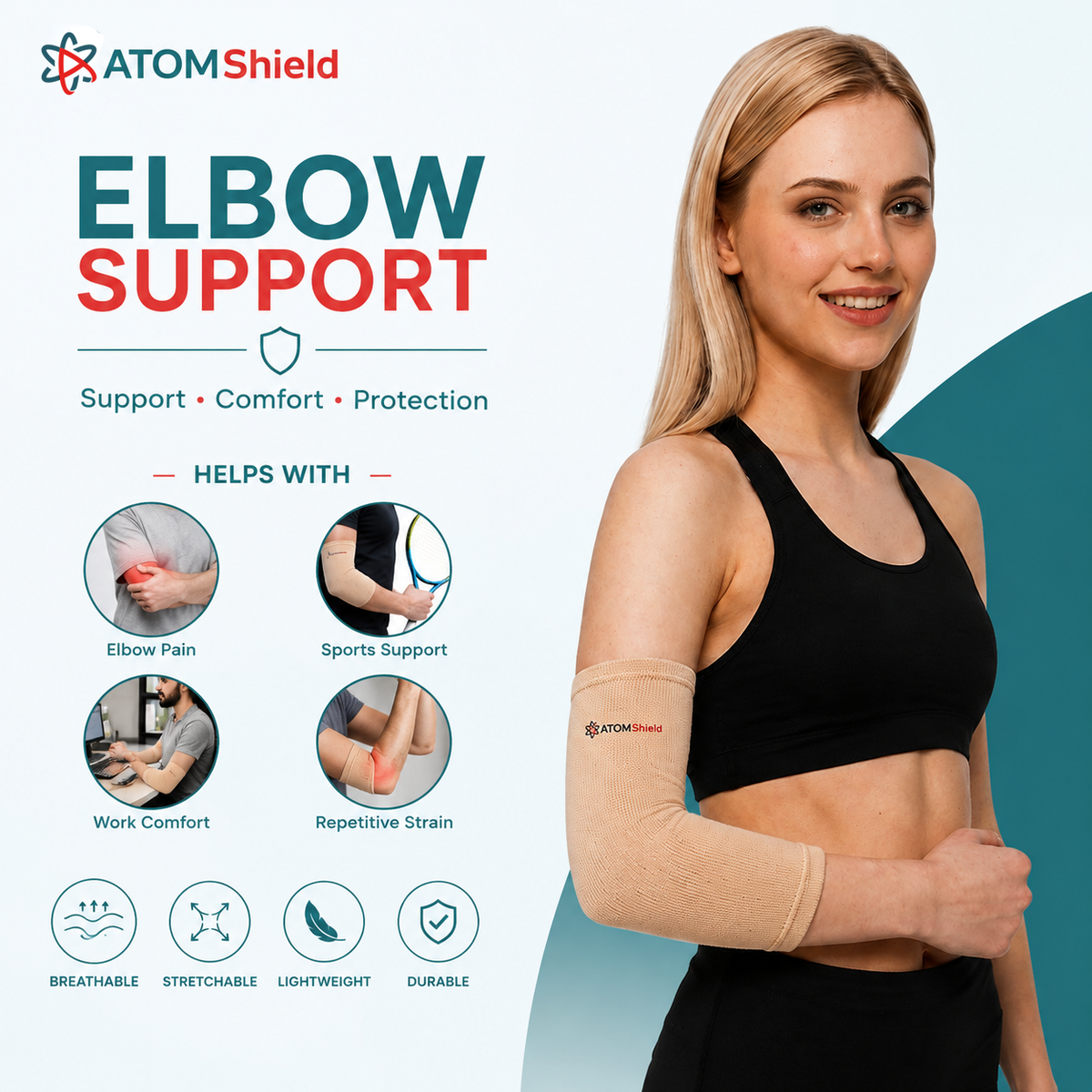 ATOM Shield Elbow Support for Men & Women | Compression Elbow Brace for Tennis Elbow, Joint Pain & Sports Support | Anatomical Fit, Lightweight & Comfortable Elbow Sleeve