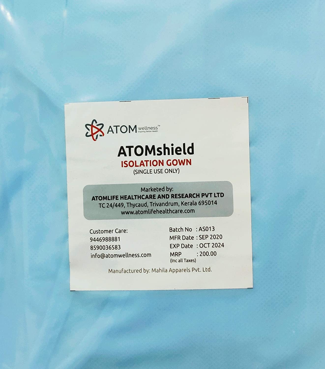 ATOM Shield Isolation Gown Blue Level 3 with elastic cuff for clinics, hospitals, air passengers