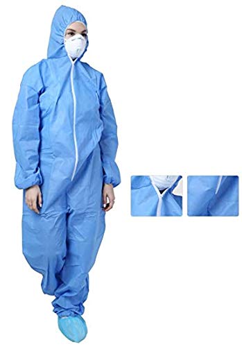 ATOM Shield PPE Coverall Medical Grade with Hood, Shoe Cover, Thumb Loop, Elastic Cuff Blue Free Size Breathable SMMS 4 Layer for Air Travel, Hospitals, Clinics, Lab Staff Pack of