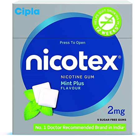 Cipla Nicotex Nicotine Gum 2mg Tin, Mint Flavor, Sugar Free, Quit smoking (25gums*4 packs)