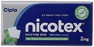 Cipla Nicotex Nicotine Gum 2mg Tin, Mint Flavor, Sugar Free, Quit smoking (25gums*3 packs)