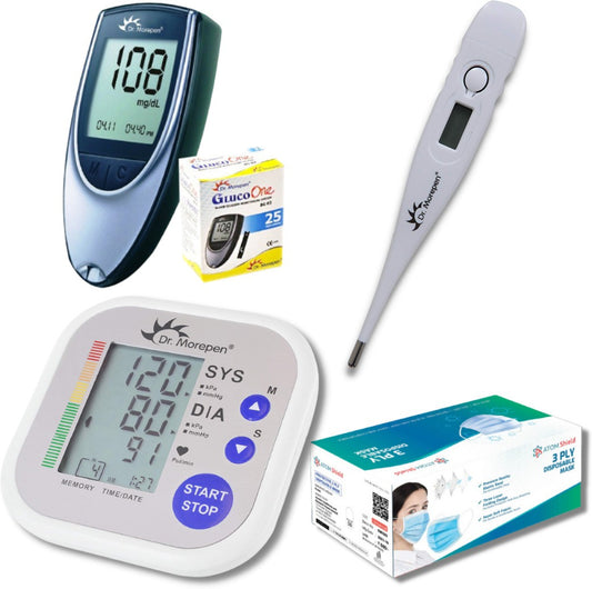 Dr. Morepen Home BP Monitor Machine with Glucometer  25 strips with Free AtomShield 3ply mask 50s
