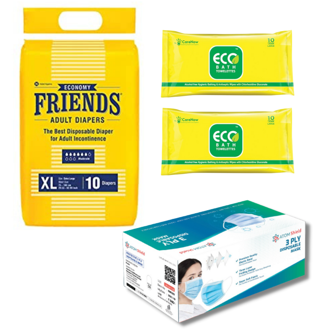 Friends Economy Adult Diaper M , L , XL Pack of 60 Pcs with FREE Ecobath Adult Bed Bath Wipes Pack of 10 x 2 with 1 Box of ATOM Shield 3 ply Mask 50s in Self Dispensing Box