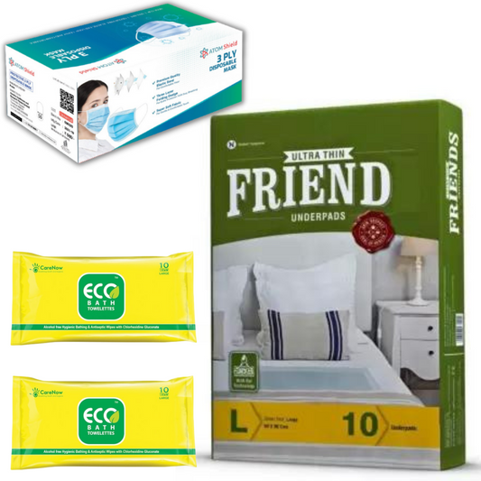 Friends Classic Ultrathin Underpad Pack of 40 Pcs with FREE Ecobath Large Adult Bed Bath Wipes Pack of 10 x 2 with 1 Box of ATOM Shield 3 ply Mask 50s in Self Dispensing Box